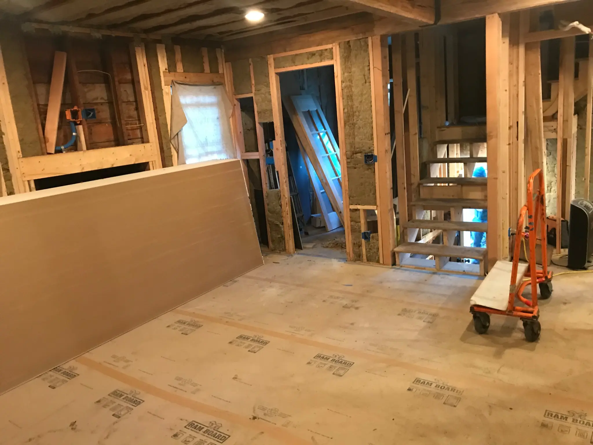 Interior opened to the framing during reconstruction