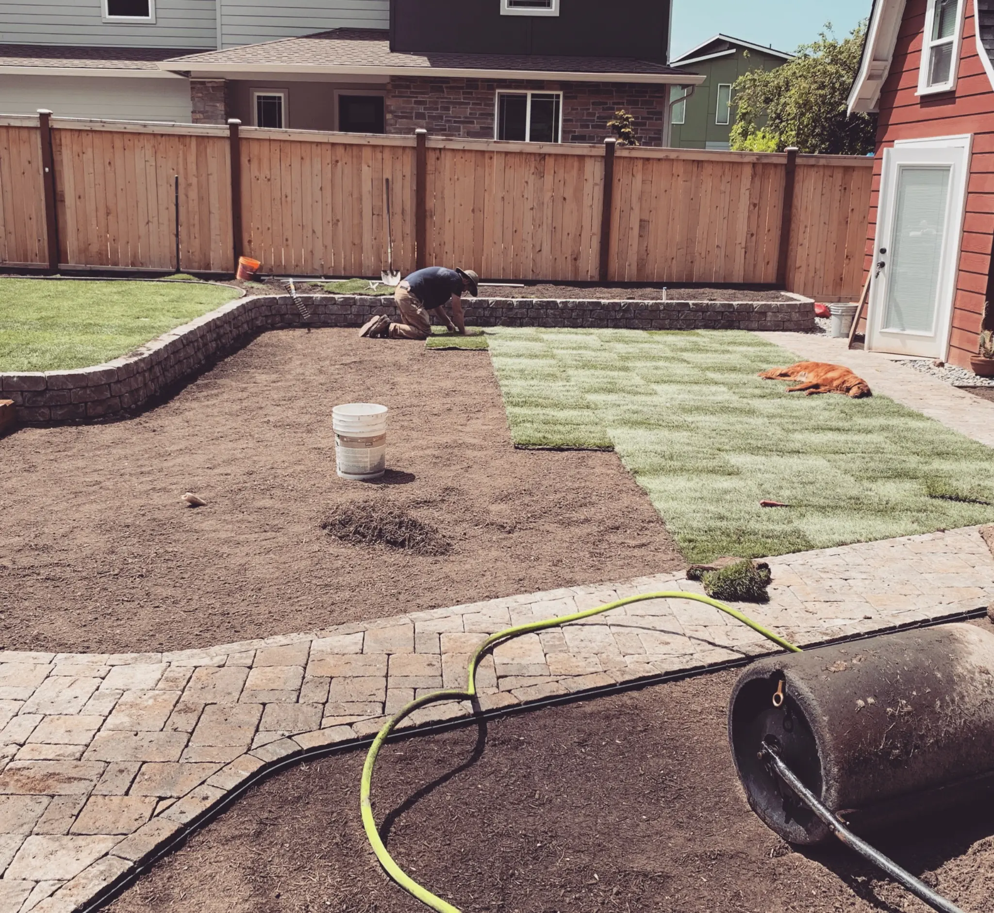 Lawn installation and landscape work underway