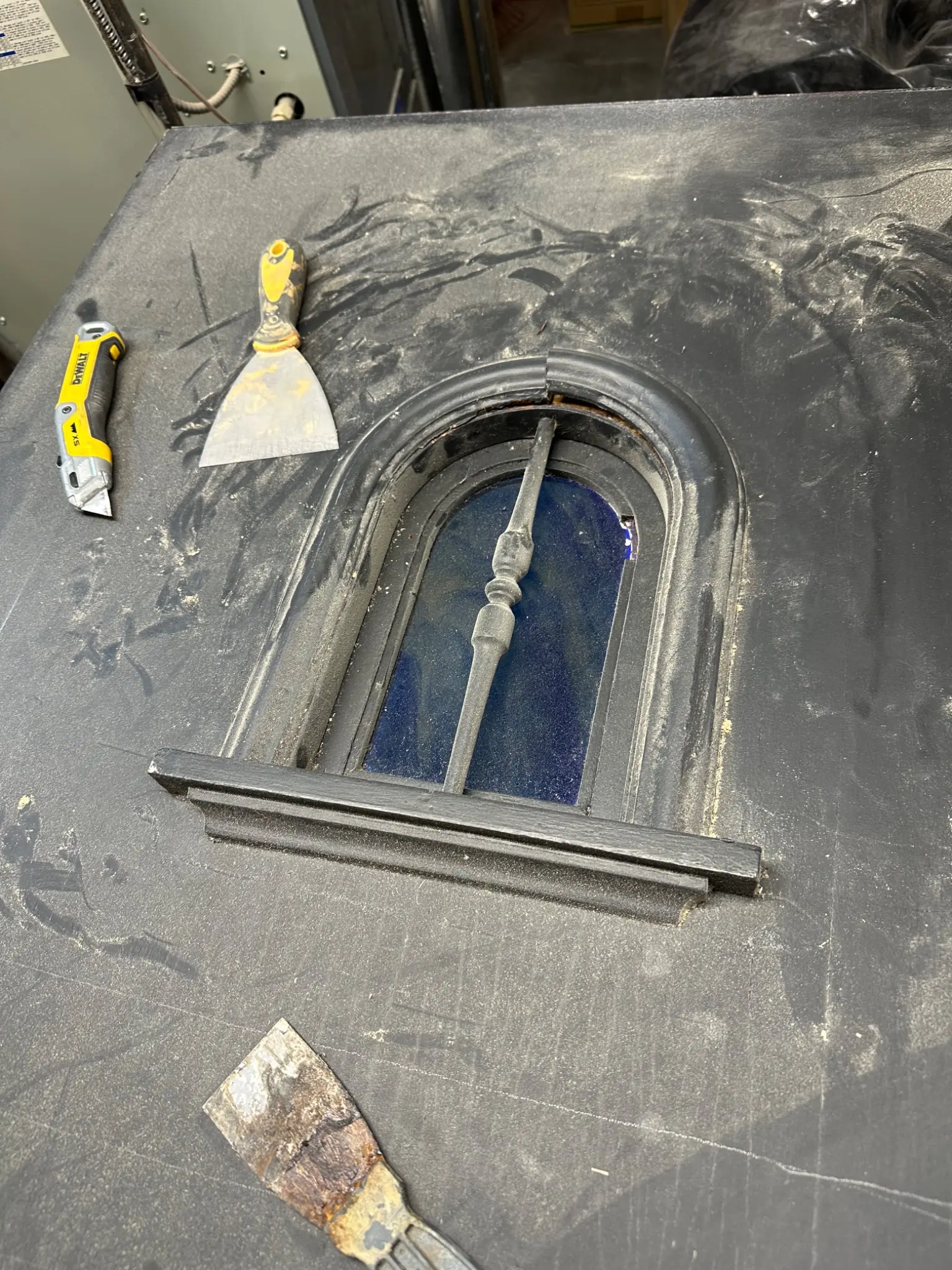 Custom entry door being fitted