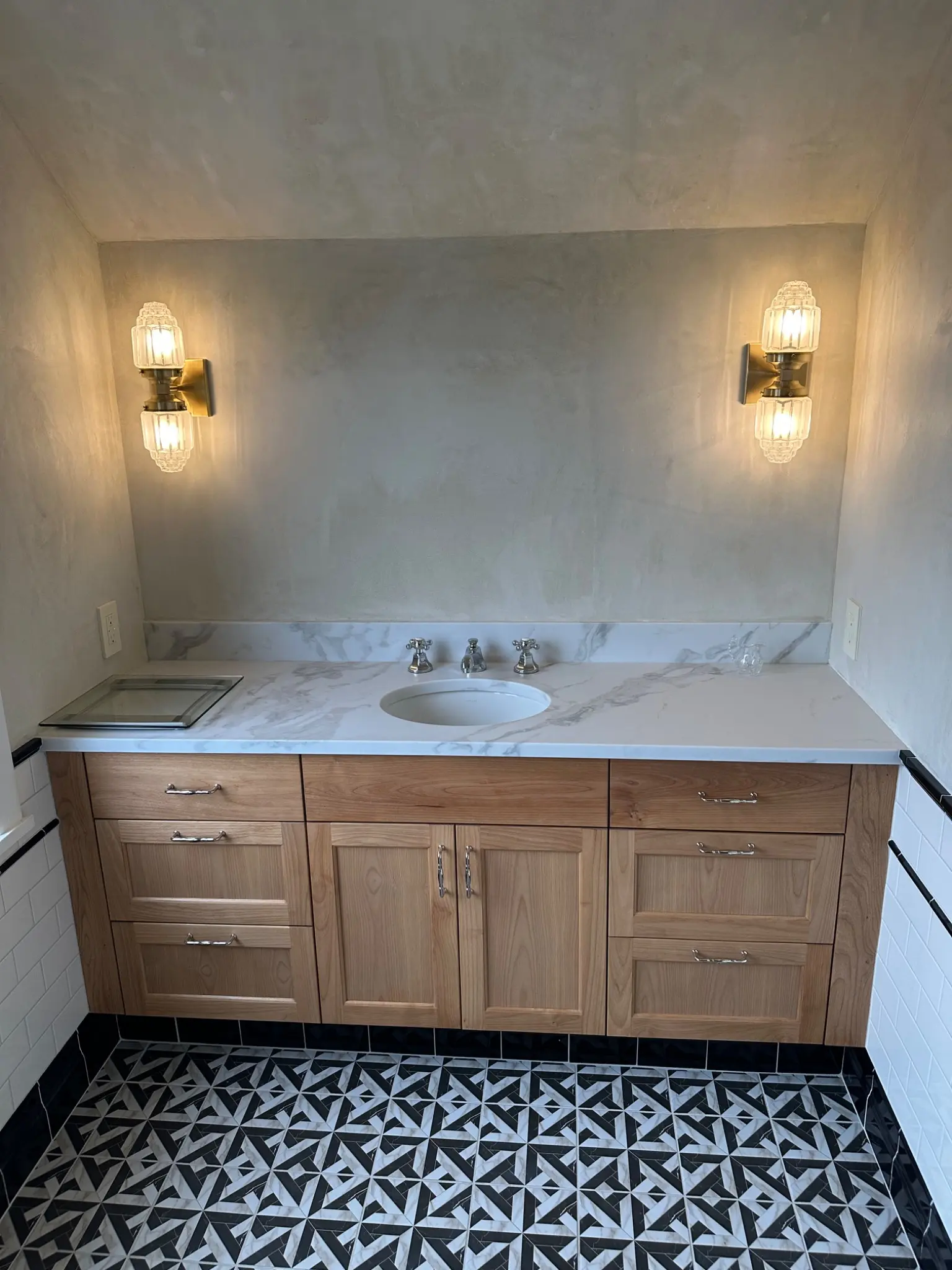 Custom bathroom vanity and period lighting