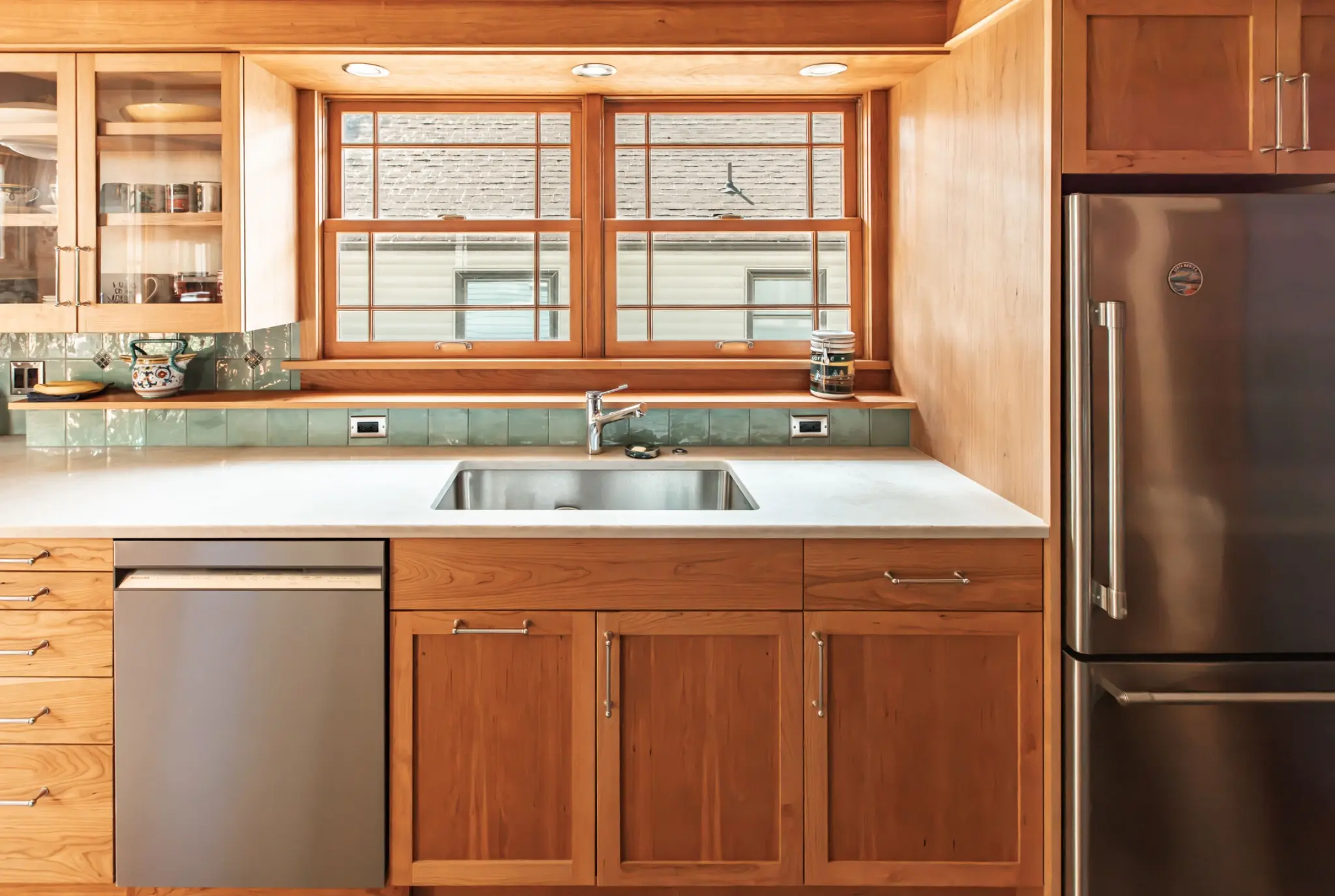Completed Craftsman kitchen sink wall and cabinetry
