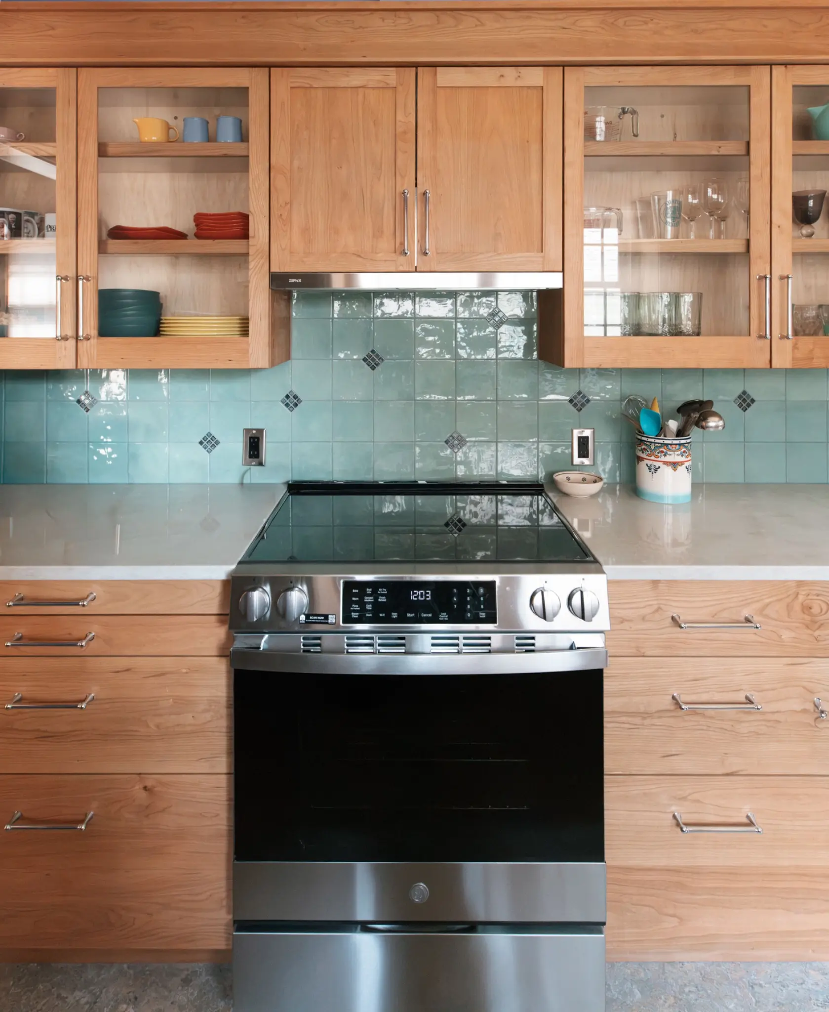 Completed range wall and cabinetry