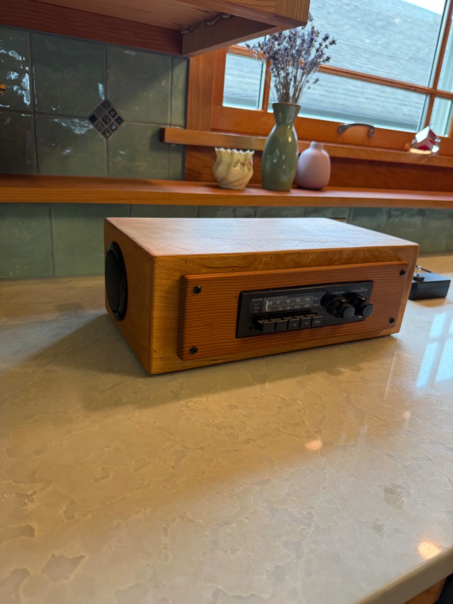 1981 Toyota Corolla radio converted for household use in a custom wood enclosure