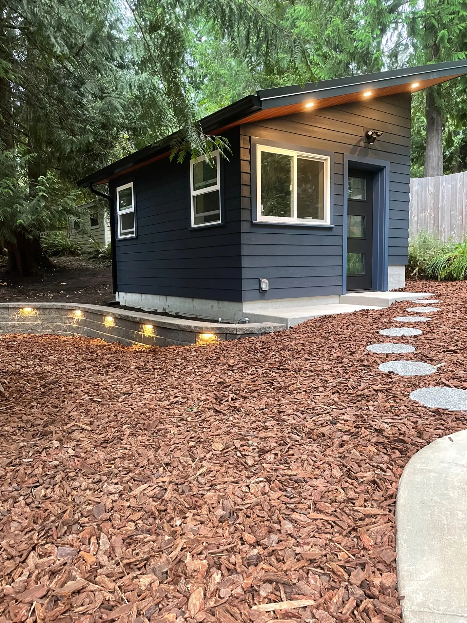 Completed backyard studio at dusk